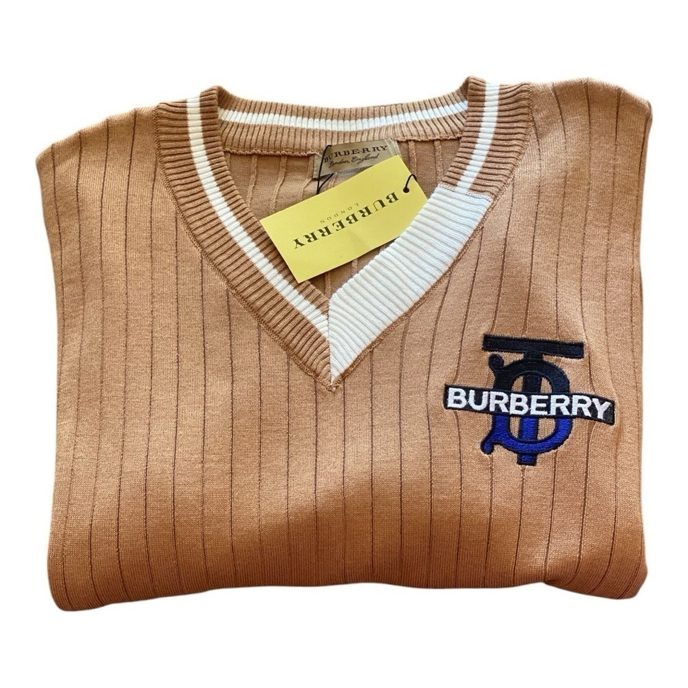 Burberry Pullover V-Neck Cardigan XL Caramel Brown/White Quiet Luxury NWT - Picture 6 of 14